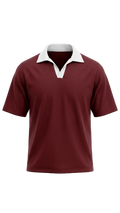 A short-sleeve drop shoulder shirt in maroon with a contrasting white collar, displayed on a clean white background.