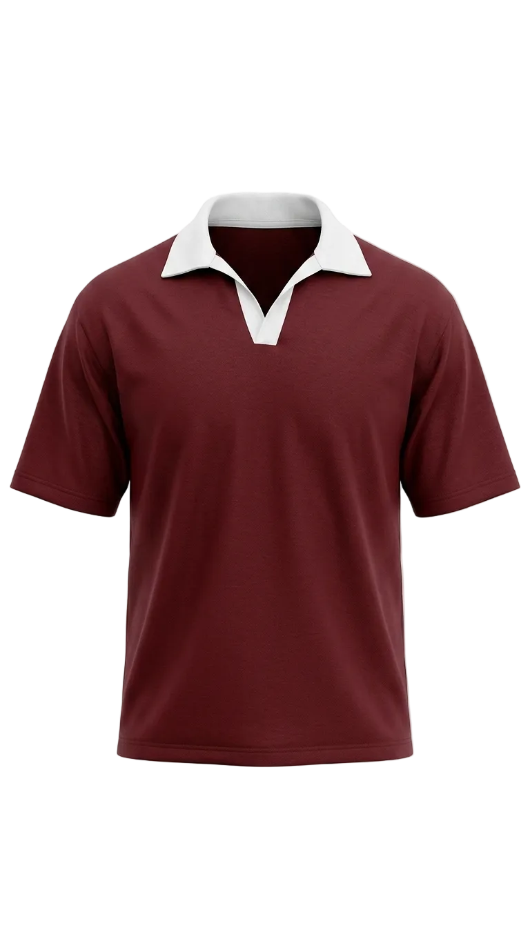 A short-sleeve drop shoulder shirt in maroon with a contrasting white collar, displayed on a clean white background.