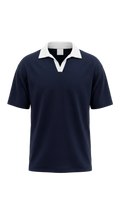 A short-sleeve drop shoulder shirt in navy blue with a contrasting white collar, shown on a plain white background.