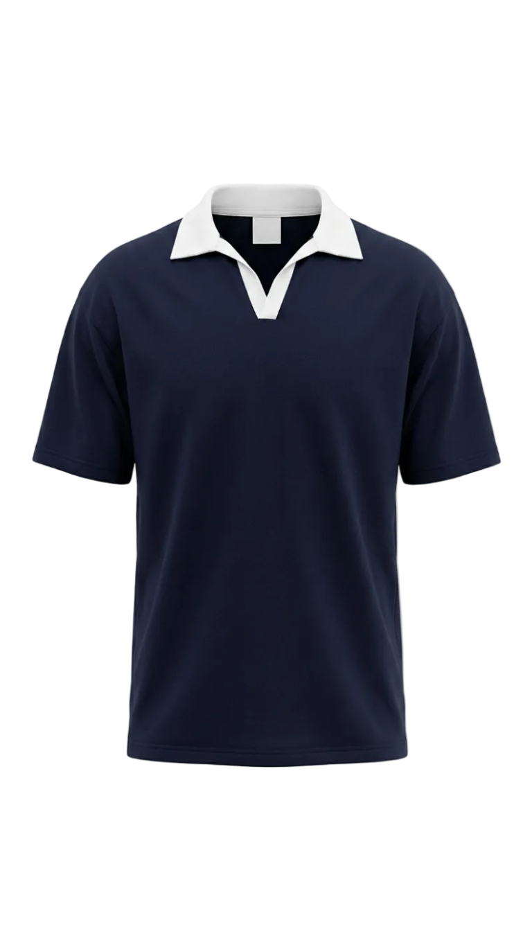 A short-sleeve drop shoulder shirt in navy blue with a contrasting white collar, shown on a plain white background.