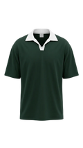 A dark green short-sleeve drop shoulder shirt with a contrasting white collar, displayed on a clean white background.