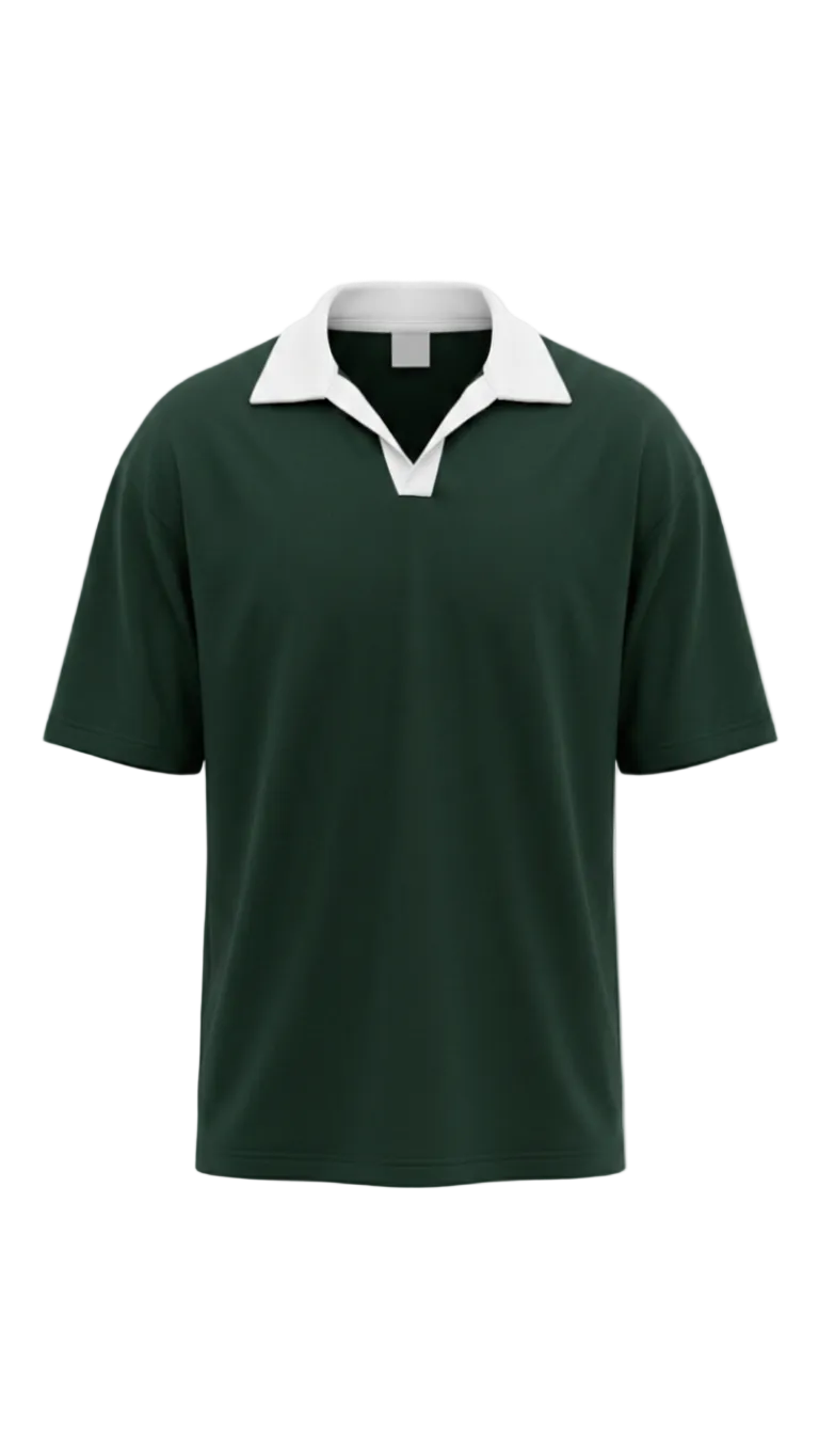 A dark green short-sleeve drop shoulder shirt with a contrasting white collar, displayed on a clean white background.
