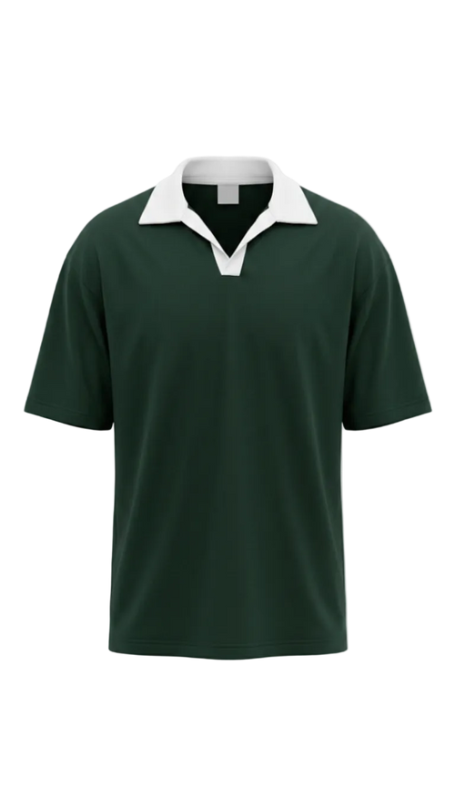 A dark green short-sleeve drop shoulder shirt with a contrasting white collar, displayed on a clean white background.