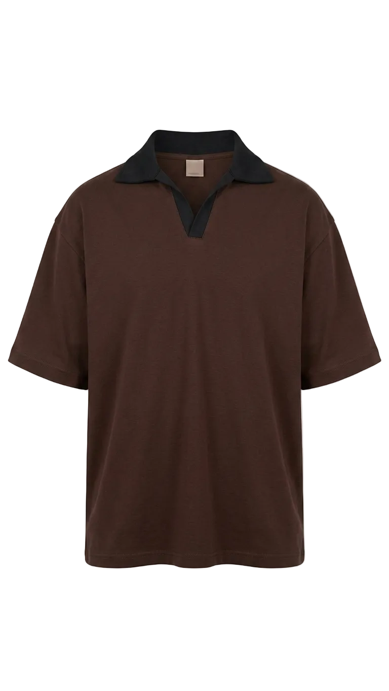 A dark brown short-sleeve drop shoulder shirt with a contrasting black collar, displayed against a plain white background.