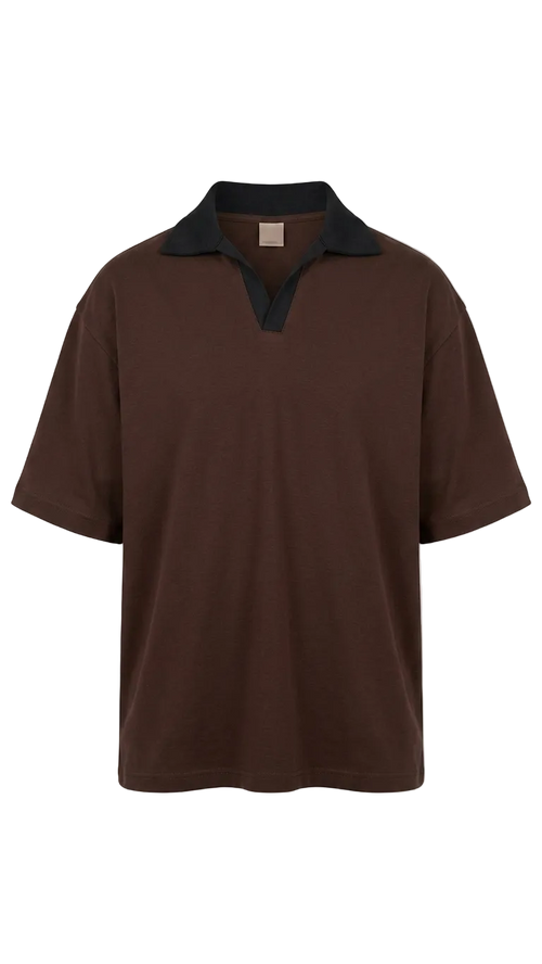 A dark brown short-sleeve drop shoulder shirt with a contrasting black collar, displayed against a plain white background.
