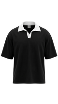 A black short-sleeve drop shoulder shirt with a contrasting white collar, displayed on a clean white background.