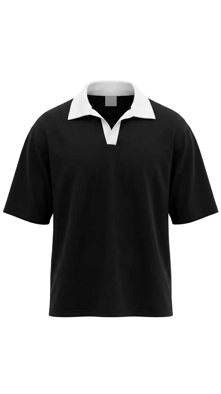 A black short-sleeve drop shoulder shirt with a contrasting white collar, displayed on a clean white background.