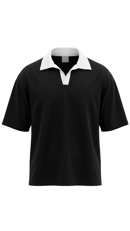 A black short-sleeve drop shoulder shirt with a contrasting white collar, displayed on a clean white background.