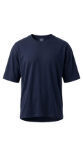 A classic short-sleeve drop shoulder t-shirt in solid navy blue, displayed on a clean white background.