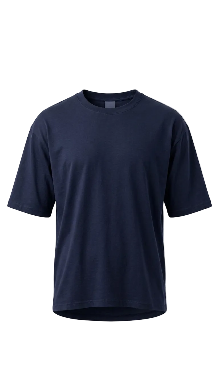 A classic short-sleeve drop shoulder t-shirt in solid navy blue, displayed on a clean white background.