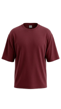 A plain short-sleeve drop shoulder t-shirt in a deep maroon or burgundy color, displayed on a clean white background.