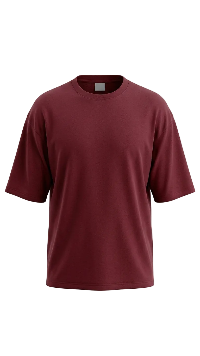 A plain short-sleeve drop shoulder t-shirt in a deep maroon or burgundy color, displayed on a clean white background.