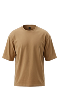 A plain short-sleeve drop shoulder t-shirt in a warm tan or camel color, displayed on a clean white background.