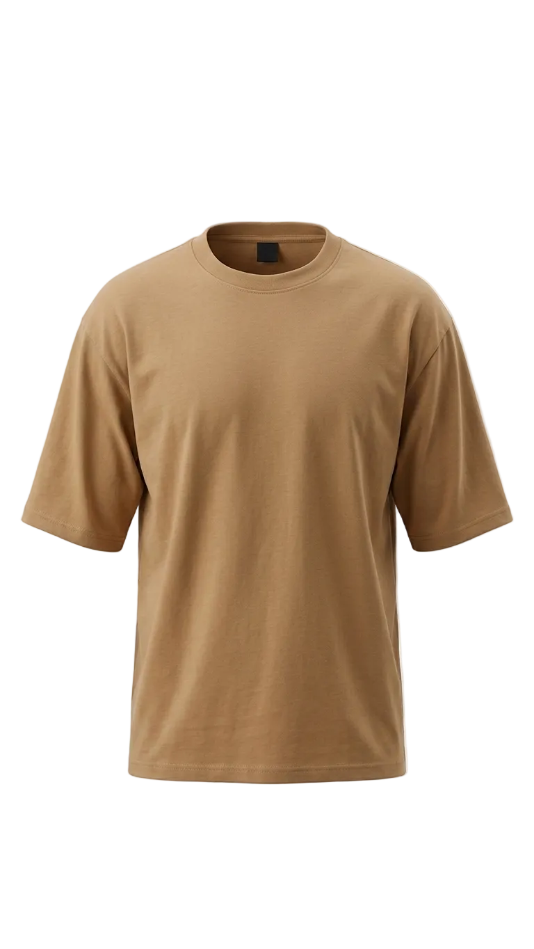 A plain short-sleeve drop shoulder t-shirt in a warm tan or camel color, displayed on a clean white background.