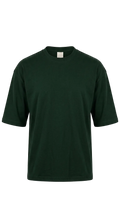 A dark forest green short-sleeve drop shoulder t-shirt displayed on a clean, off-white background.