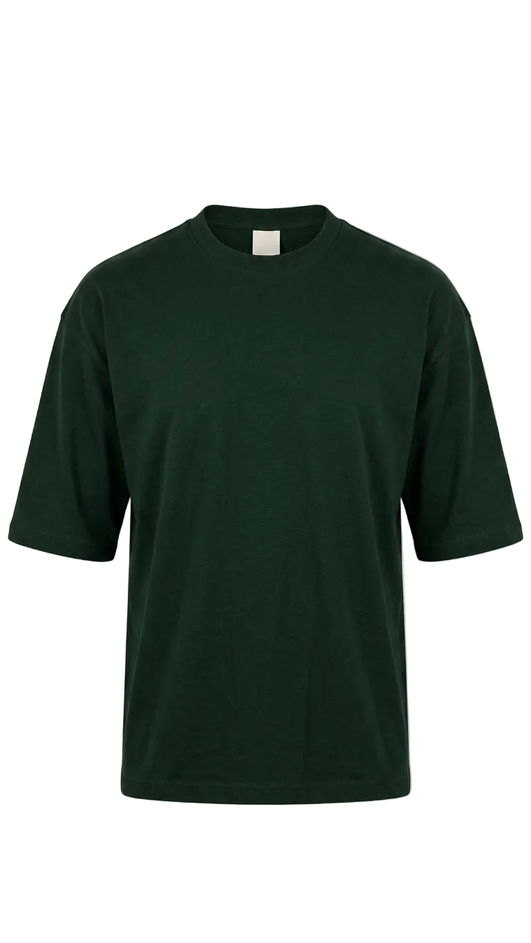 A dark forest green short-sleeve drop shoulder t-shirt displayed on a clean, off-white background.