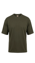 An olive green short-sleeve drop shoulder t-shirt displayed on a clean white background.