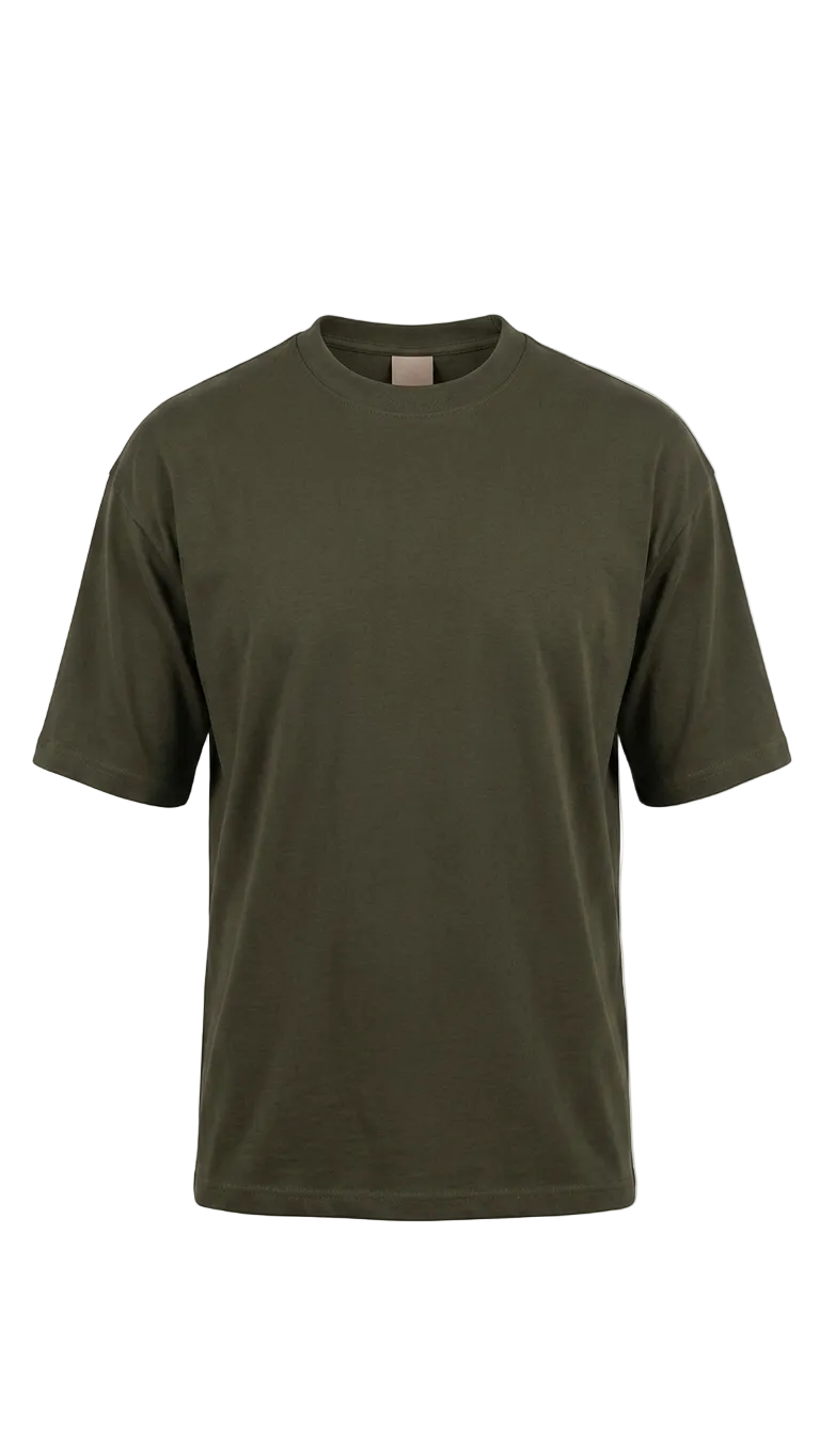An olive green short-sleeve drop shoulder t-shirt displayed on a clean white background.