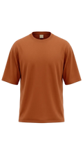 A short-sleeve drop shoulder t-shirt in a chocolate brown color, displayed on a clean white background.