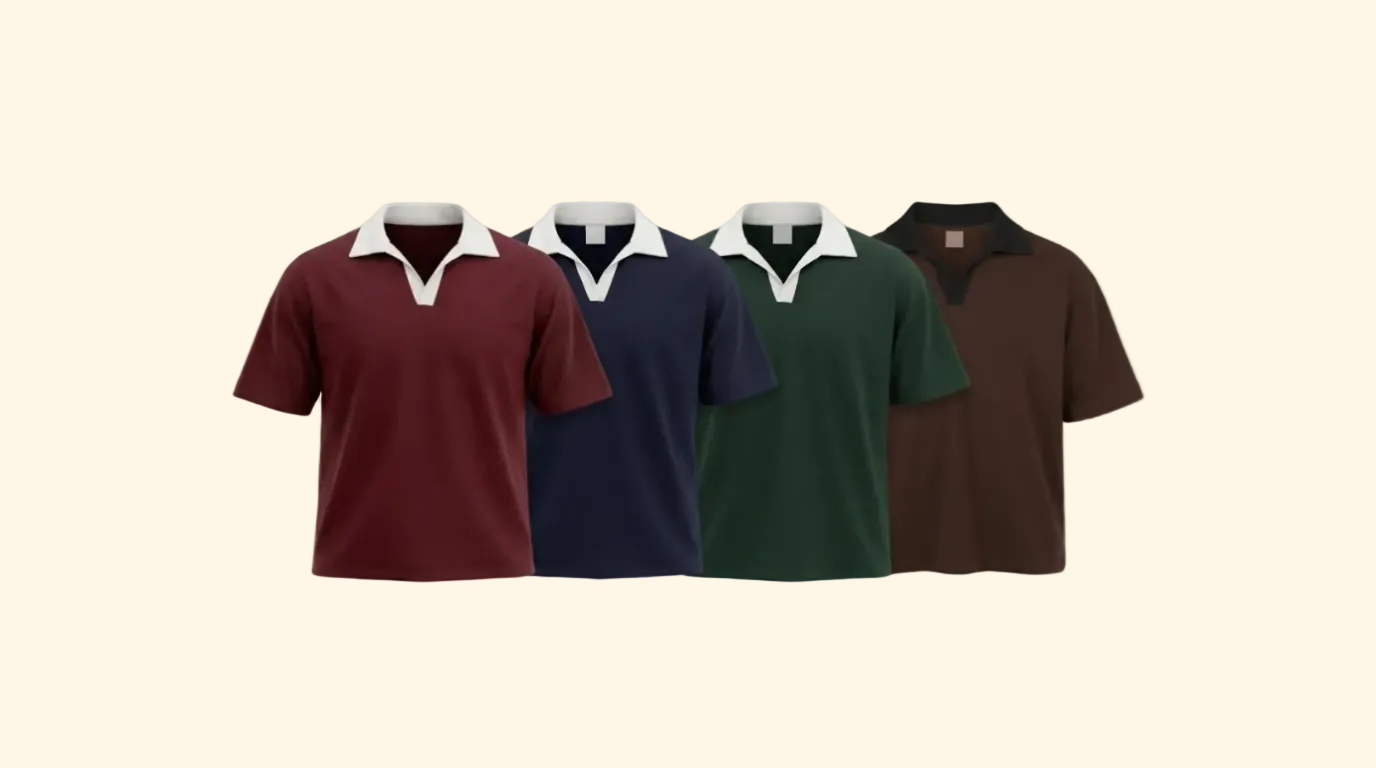 Four short-sleeve drop shoulder shirts with white contrast collars are shown side by side on a light beige background. The shirts are in maroon, navy blue, forest green, and dark brown.
